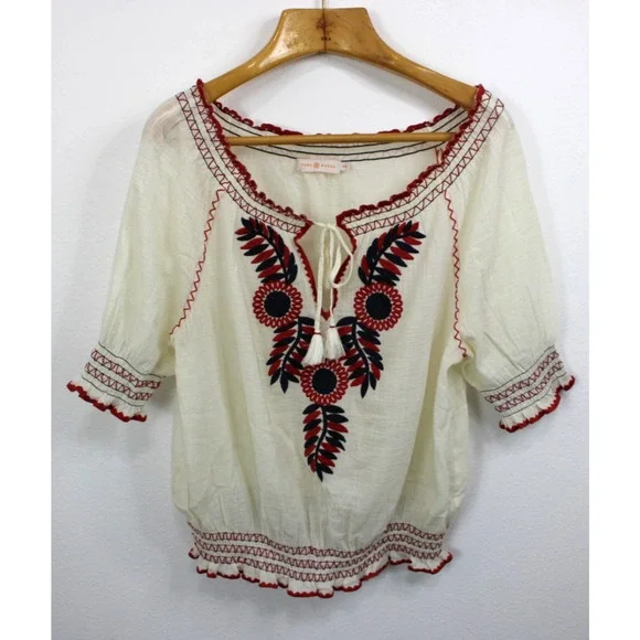 Tory Burch Womens M Off the Shoulder Floral Print Embroidered Tunic Top Blouse M - Picture 5 of 7